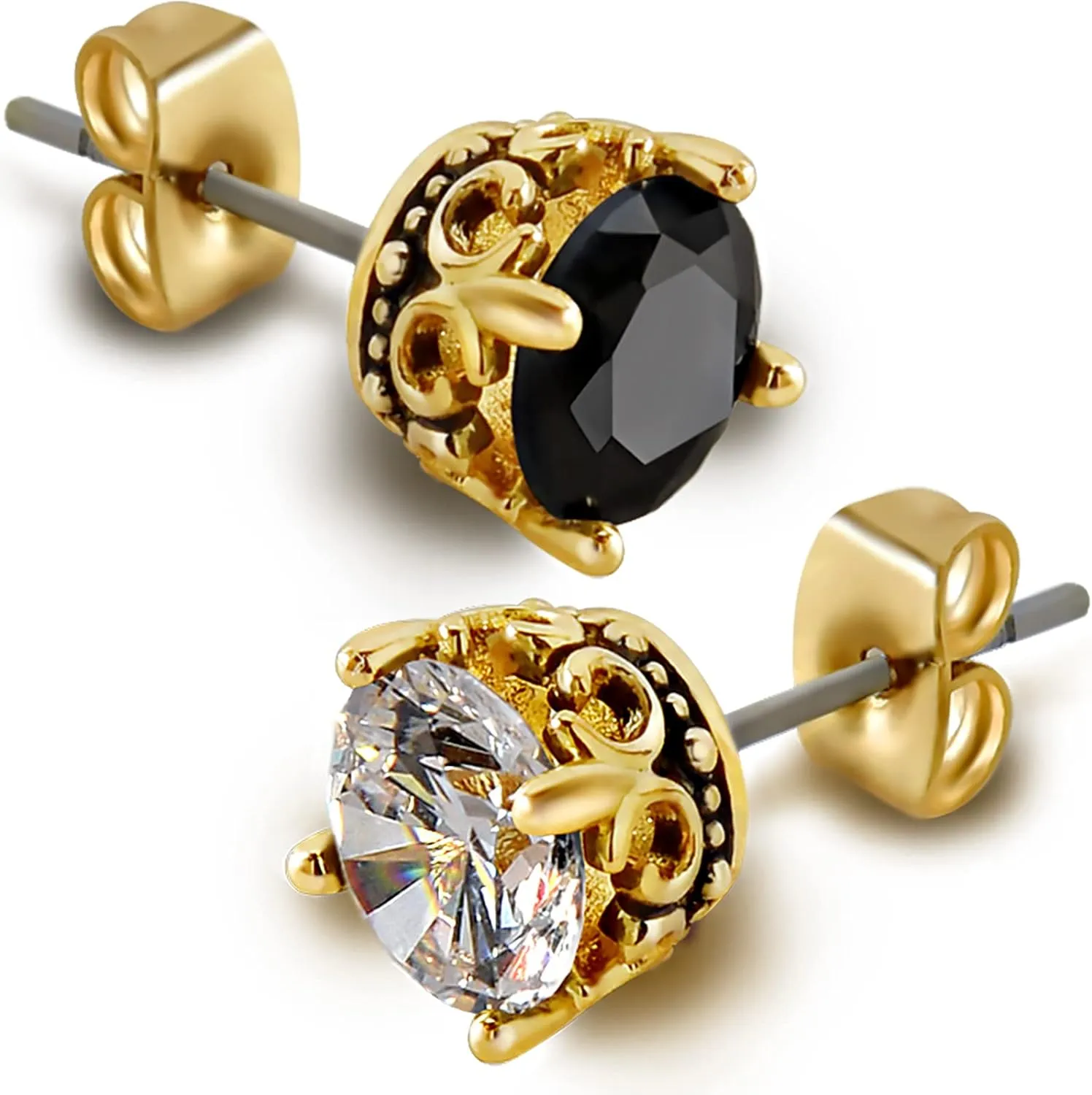 Black and Gold Earrings for Men Women, Retro Crown Hypoallergenic Stainless Steel Cubic Zircon Stud Earrings