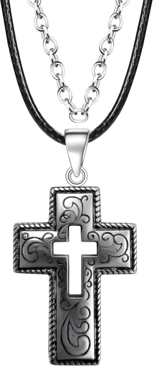 Black Cord Layer Cross Necklaces Stainless steel and leather chain,vintage pattern Cross Pendant Necklace with Engraved Scrollwork Design cross necklaces for men&women