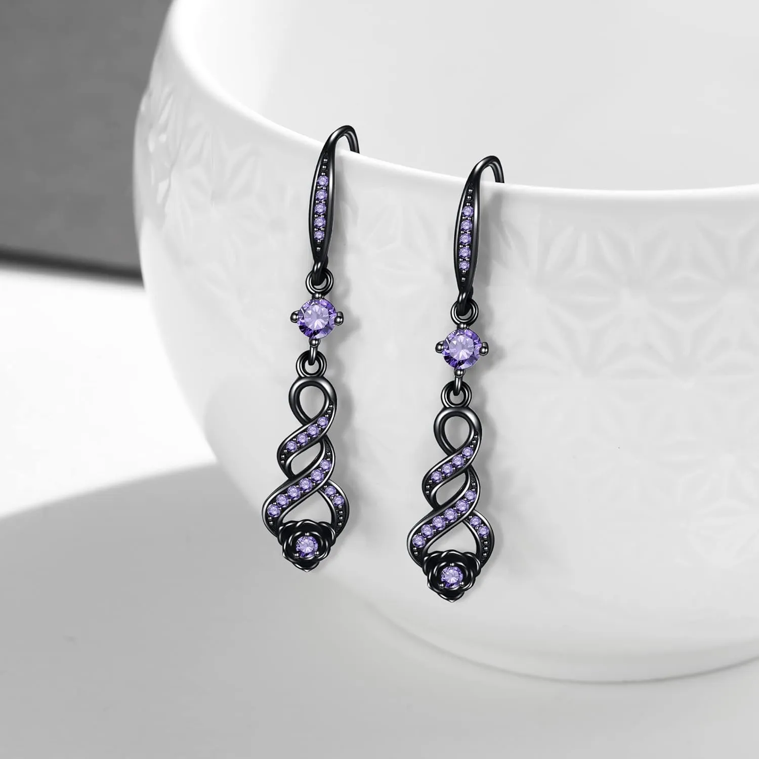 Black Rose Infinity Dangle Earrings - Sterling Silver Jewelry Gifts for Women