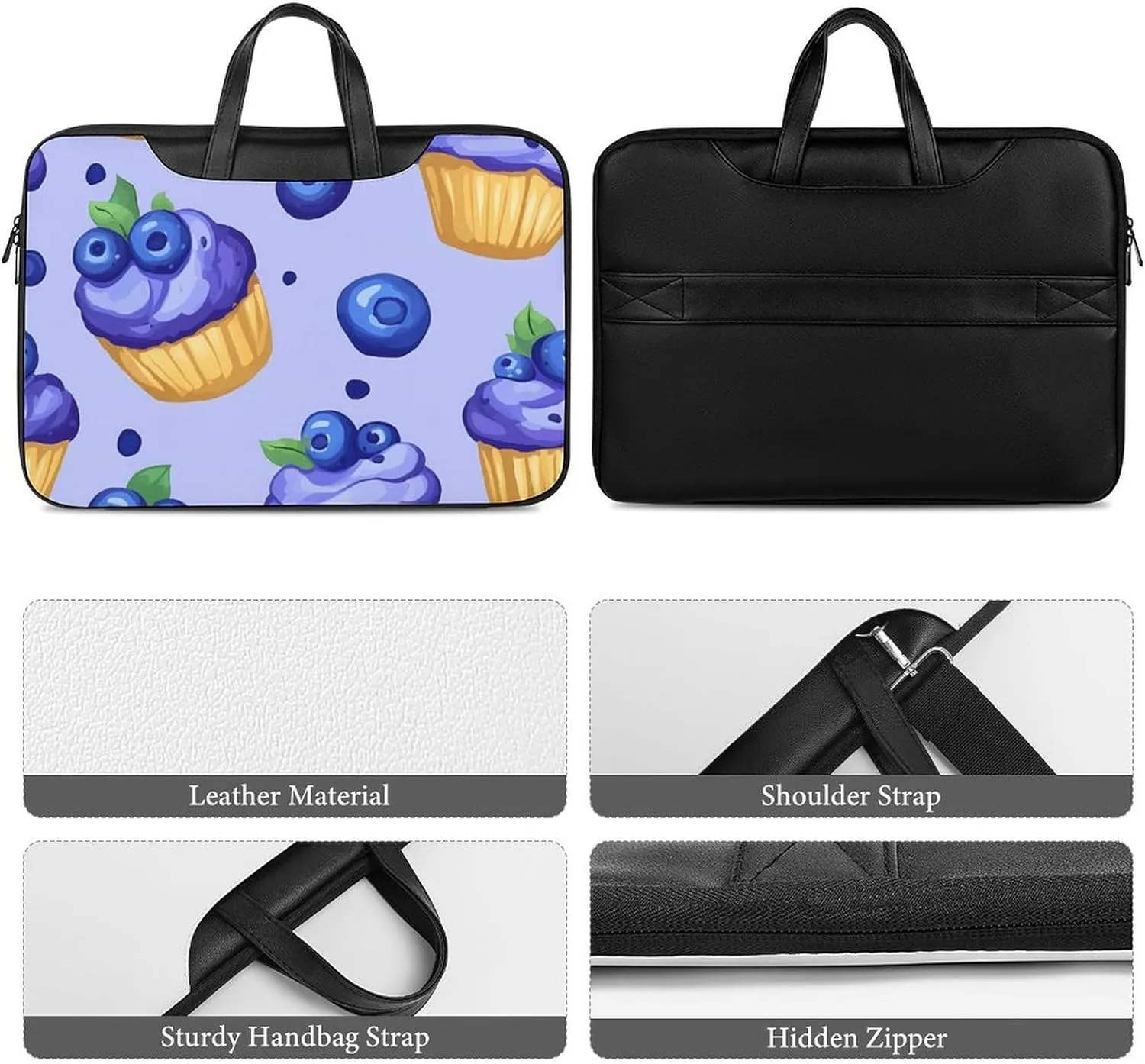 Blueberry Muffin Cupcakes Leather Bag Laptop Case Slim Water Resistant Computer Bags with Handle Briefcase for Work
