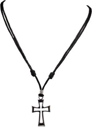 BlueRica Cross on Adjustable Black Cord Necklace (Chrome Finish)