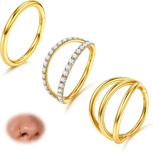 BodyBonita 3pcs 16G/18G/20G Nose Rings 316L Surgical Steel Triple/Double Hoop CZ Septum Cartilage Earring Helix Rook Tragus Conch Piercing Jewelry for Women Men 8 mm/10 mm
