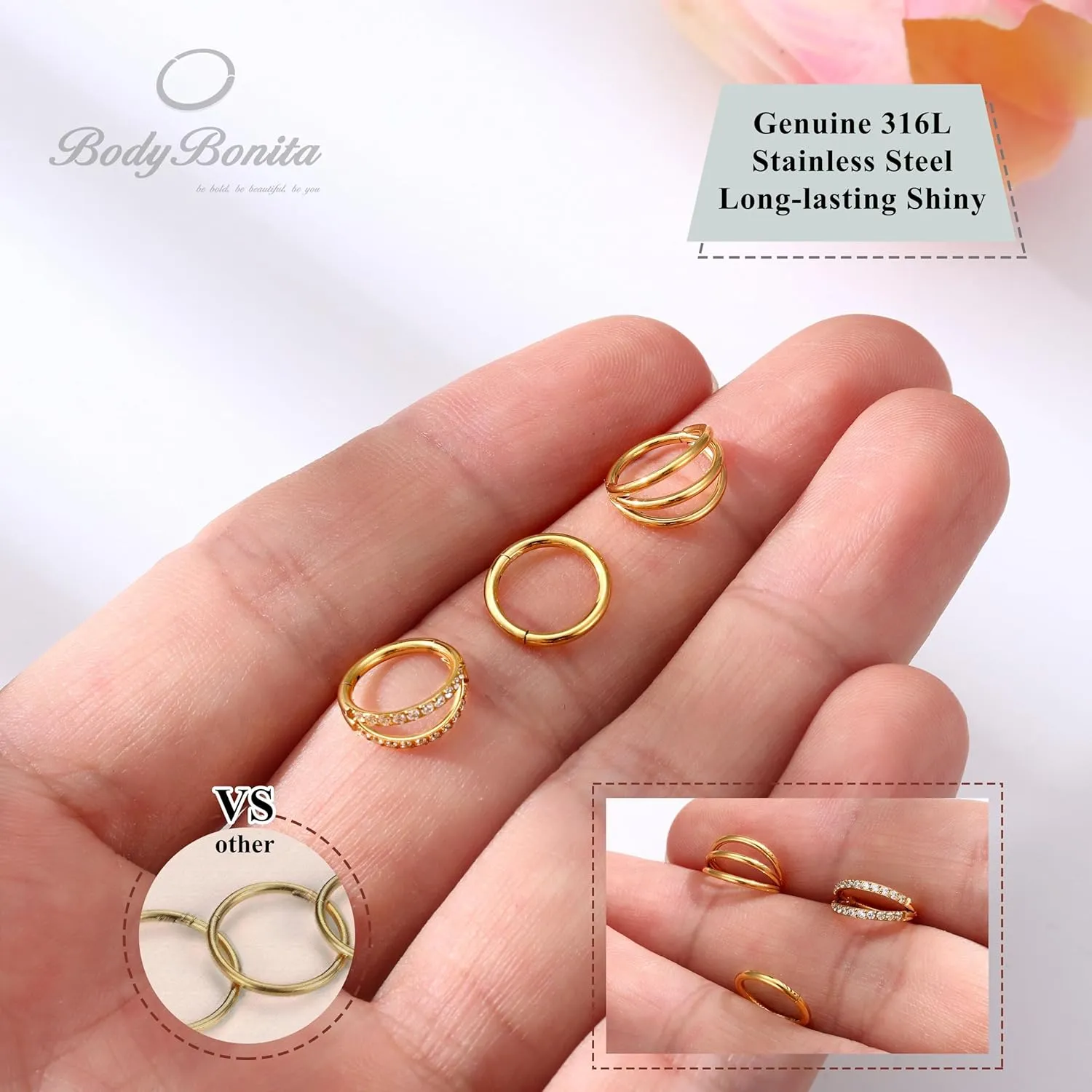BodyBonita 3pcs 16G/18G/20G Nose Rings 316L Surgical Steel Triple/Double Hoop CZ Septum Cartilage Earring Helix Rook Tragus Conch Piercing Jewelry for Women Men 8 mm/10 mm