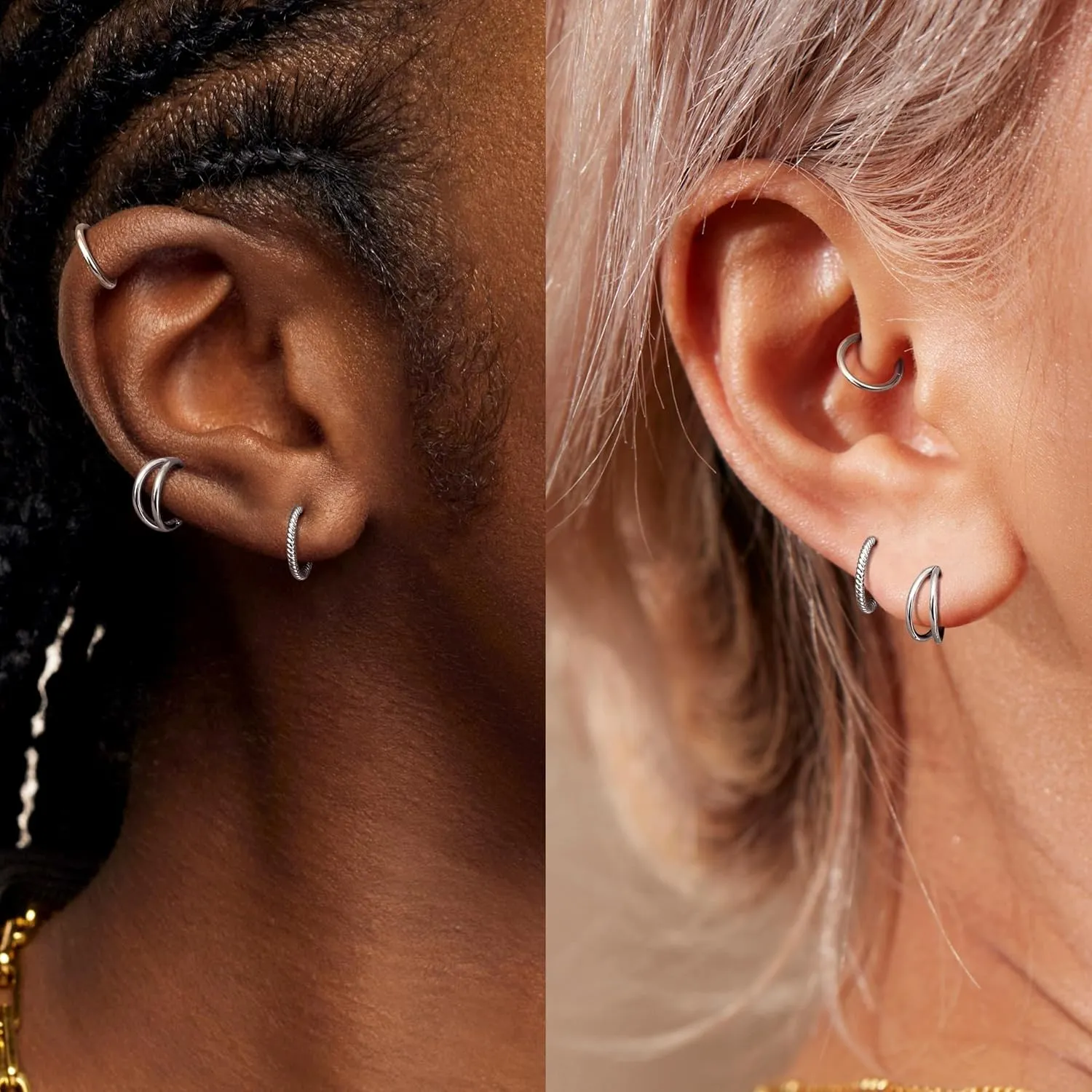 BodyBonita 3pcs 16G/18G/20G Nose Rings 316L Surgical Steel Triple/Double Hoop CZ Septum Cartilage Earring Helix Rook Tragus Conch Piercing Jewelry for Women Men 8 mm/10 mm