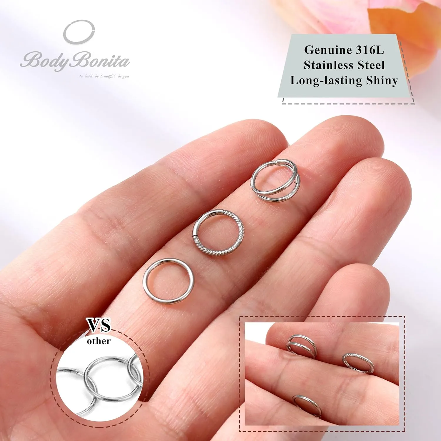 BodyBonita 3pcs 16G/18G/20G Nose Rings 316L Surgical Steel Triple/Double Hoop CZ Septum Cartilage Earring Helix Rook Tragus Conch Piercing Jewelry for Women Men 8 mm/10 mm
