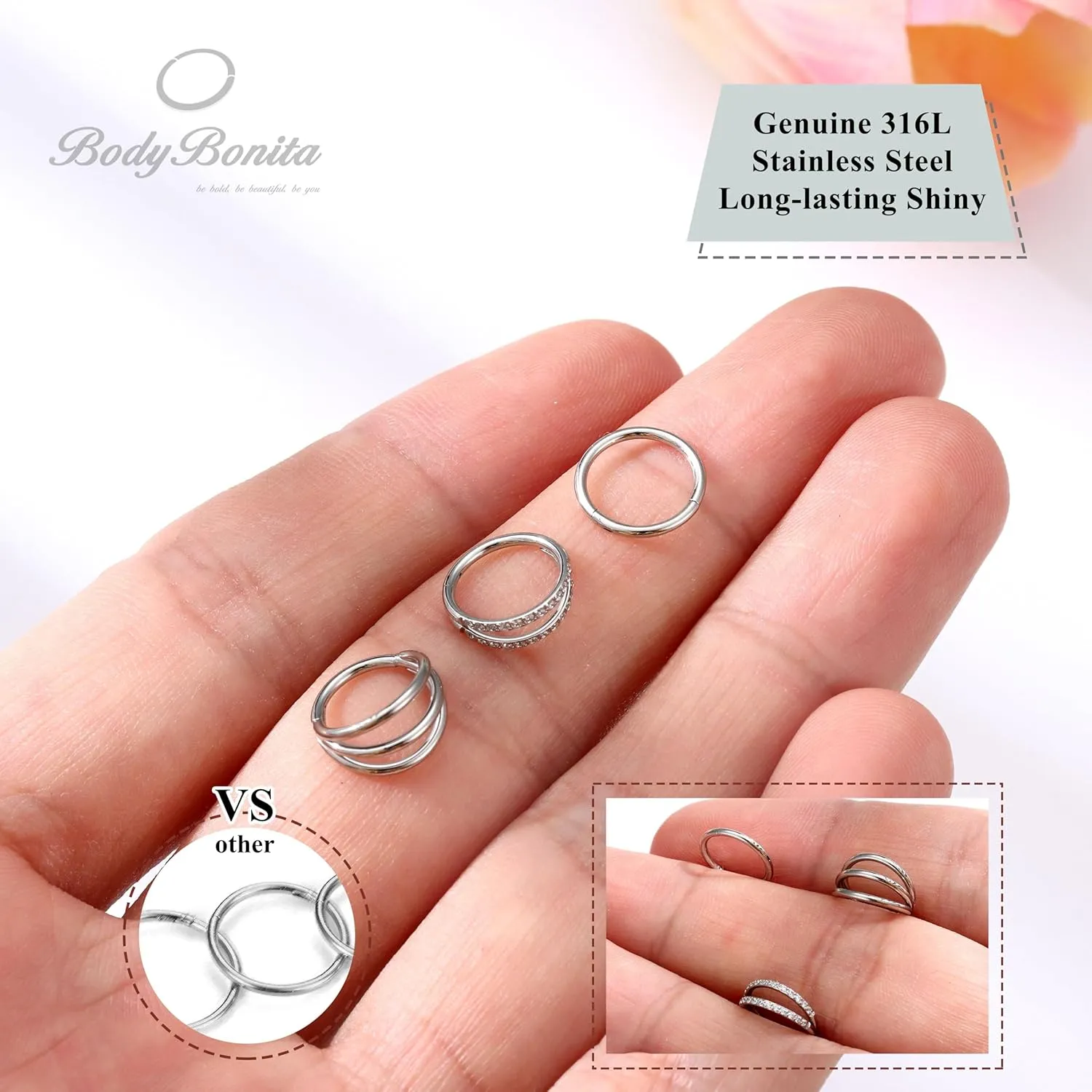 BodyBonita 3pcs 16G/18G/20G Nose Rings 316L Surgical Steel Triple/Double Hoop CZ Septum Cartilage Earring Helix Rook Tragus Conch Piercing Jewelry for Women Men 8 mm/10 mm