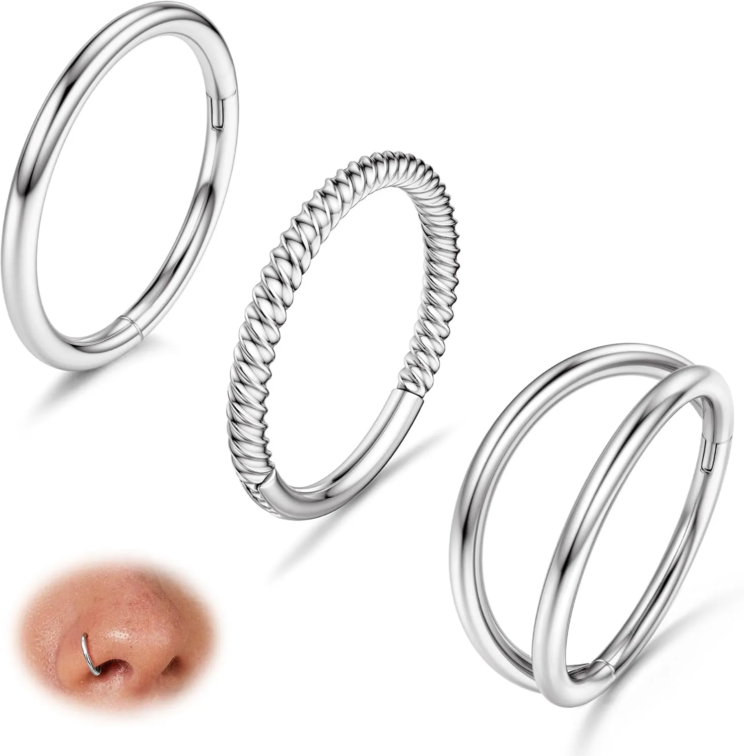 BodyBonita 3pcs 16G/18G/20G Nose Rings 316L Surgical Steel Triple/Double Hoop CZ Septum Cartilage Earring Helix Rook Tragus Conch Piercing Jewelry for Women Men 8 mm/10 mm