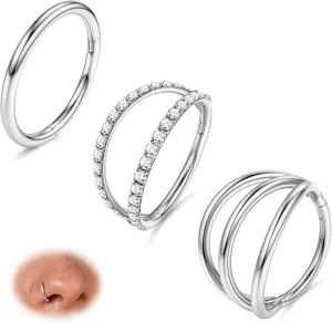 BodyBonita 3pcs 16G/18G/20G Nose Rings 316L Surgical Steel Triple/Double Hoop CZ Septum Cartilage Earring Helix Rook Tragus Conch Piercing Jewelry for Women Men 8 mm/10 mm