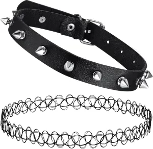 BodyJ4You 2PC Tattoo Choker Leather Necklace Set - 90s Choker Necklace for Women - 2000s Y2K Vintage Collar Neck Lace - Gothic Jewelry Emo Scene Accessories Punk Rock Femboy Statement