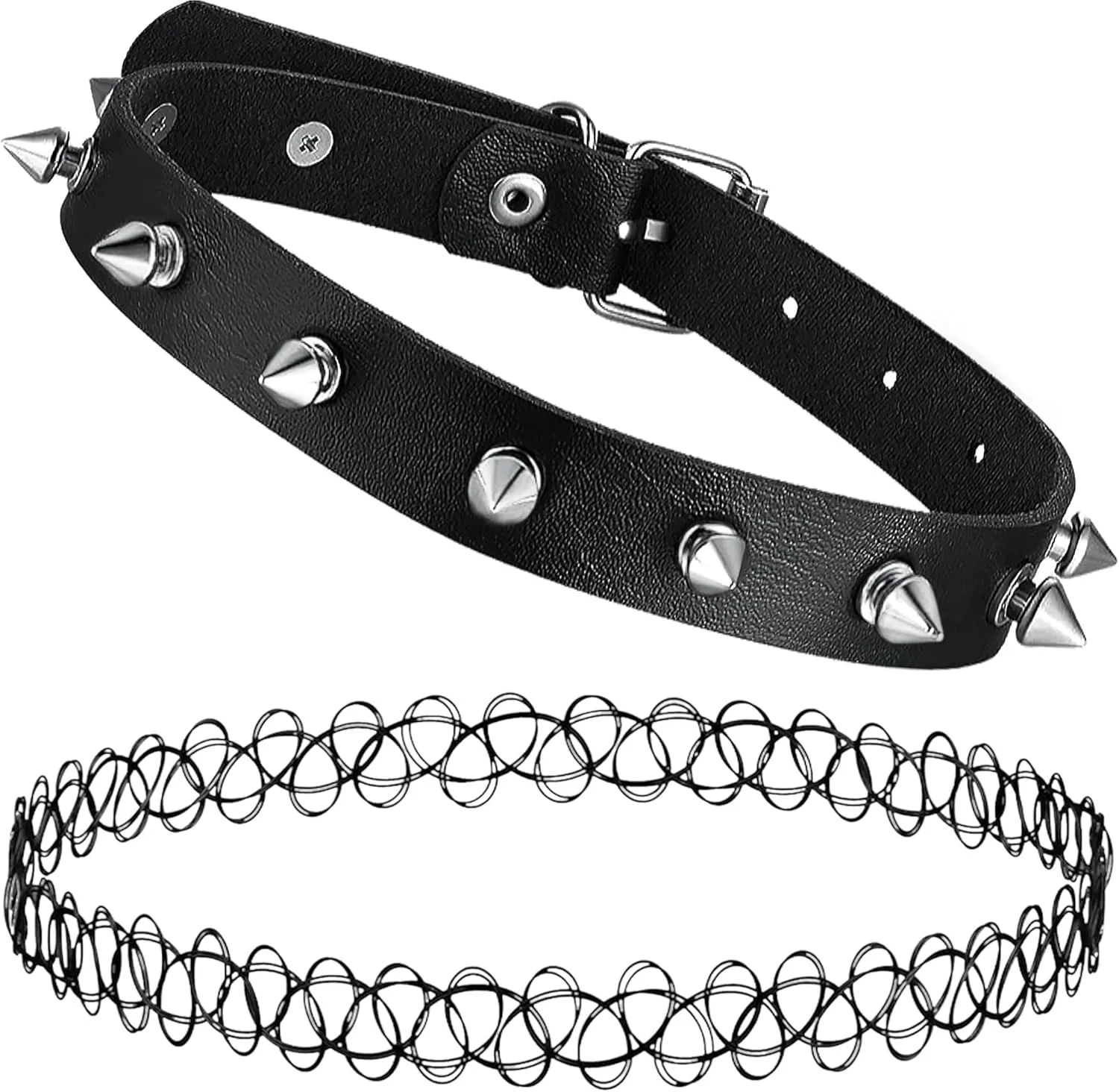 BodyJ4You 2PC Tattoo Choker Leather Necklace Set - 90s Choker Necklace for Women - 2000s Y2K Vintage Collar Neck Lace - Gothic Jewelry Emo Scene Accessories Punk Rock Femboy Statement