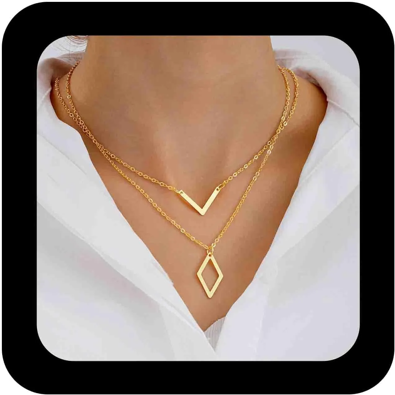 Bohemia Layered Gold Geometric Necklace Rhombus Pendant Necklace Chain V Shaped Chain Necklaces Double Layer Choker Necklaces Jewelry for Women