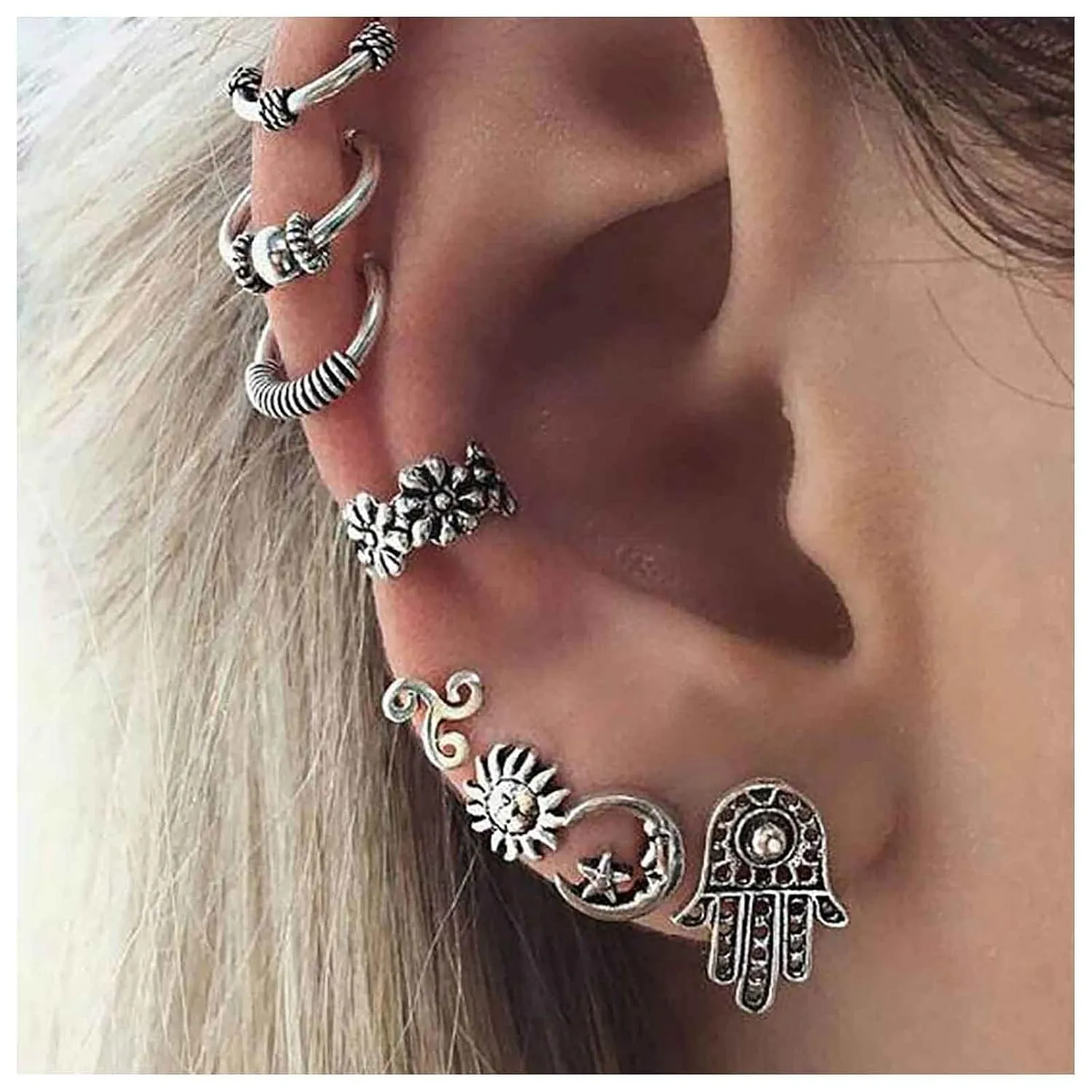 Bohemian Crescent Moon Stud Earrings Hamsa Hand Earrings Vintage Sun Earrings Silver Flower Ear Cuff Earrings Moon Star Earrings Set Jewelry for Women and Girls