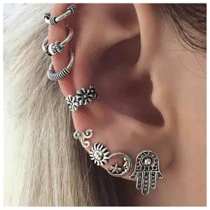 Bohemian Crescent Moon Stud Earrings Hamsa Hand Earrings Vintage Sun Earrings Silver Flower Ear Cuff Earrings Moon Star Earrings Set Jewelry for Women and Girls