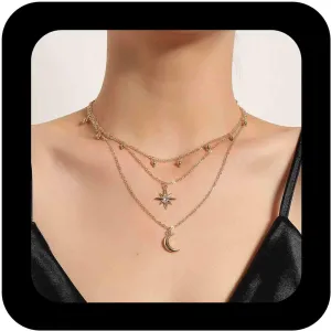 Bohemian Layered Star Moon Choker Necklace Gold Crystal Starburst Pendant Necklaces Crescent Station Bead Chain Necklace Small Cz Star Necklaces Jewelry for Women