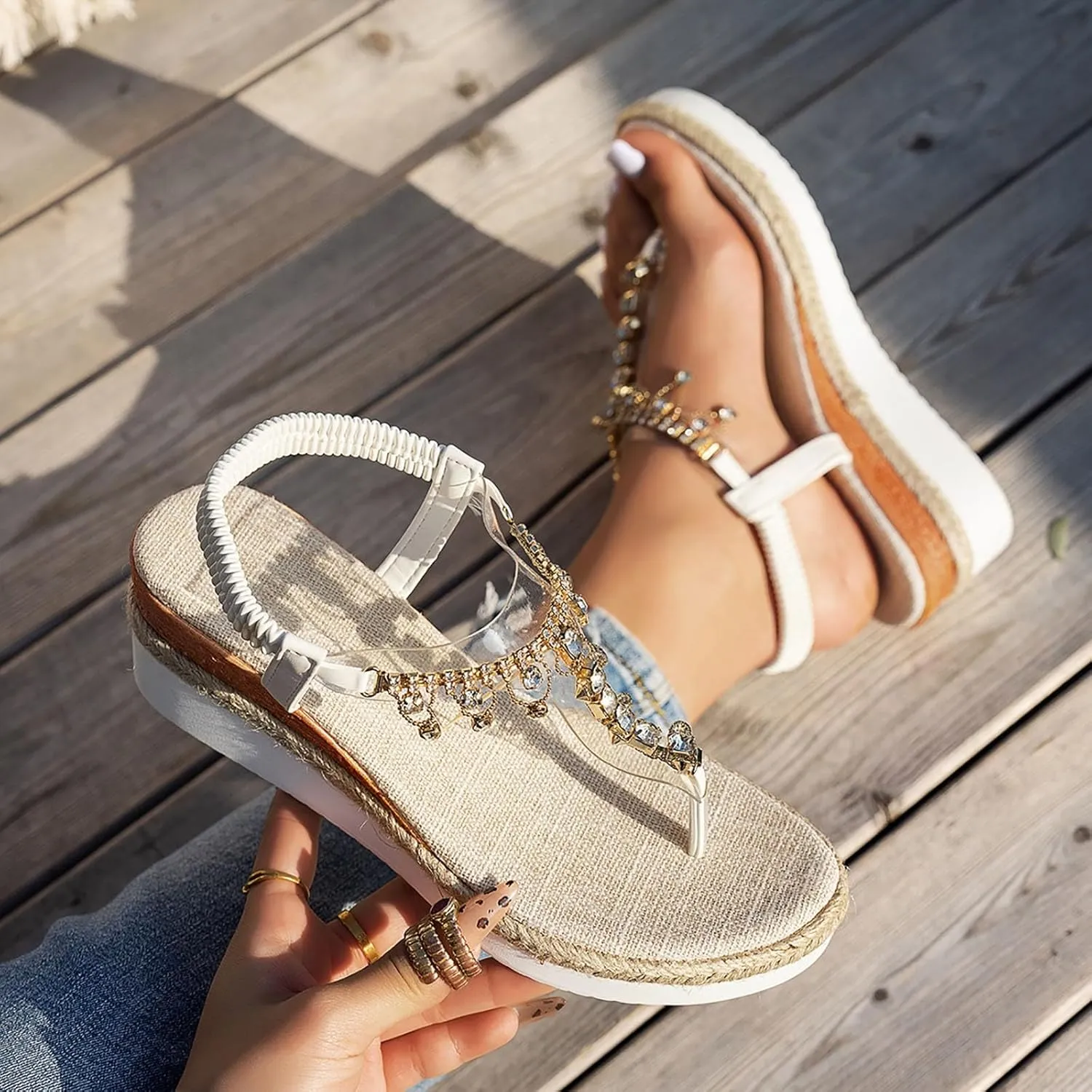 Bohemian Rhinestone Sandals For Women Fashion Wedge Heel Thick Sole Heightening Women's Elastic Band Girls Dress Shoes