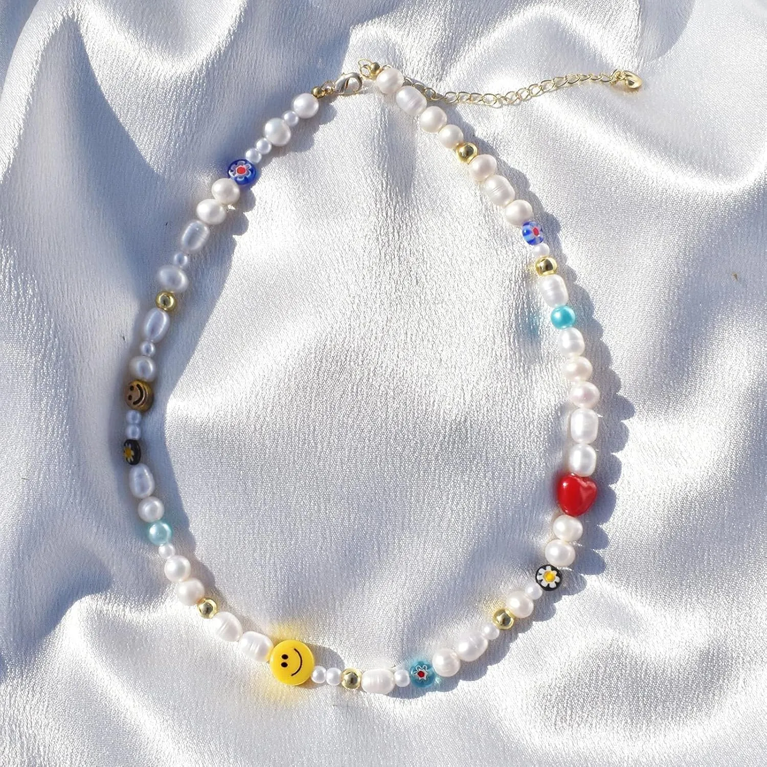 Boho Beaded Necklace for Women, Y2K Natural Pearl Beaded Necklaces Choker Summer Benchy Necklace Natural Bead Necklaces for Teen Girls Handmade Boho Jewelry Birthday Gift