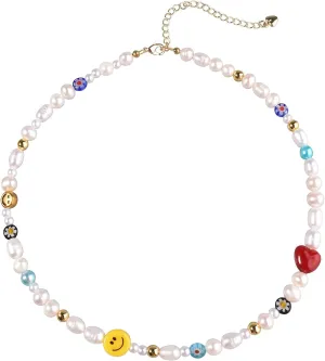 Boho Beaded Necklace for Women, Y2K Natural Pearl Beaded Necklaces Choker Summer Benchy Necklace Natural Bead Necklaces for Teen Girls Handmade Boho Jewelry Birthday Gift