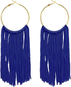 Boho Long Tassel Dangle Earrings for Women Lightweight Circle Hoop Silky Thread Fringe Drop Statemen Earrings