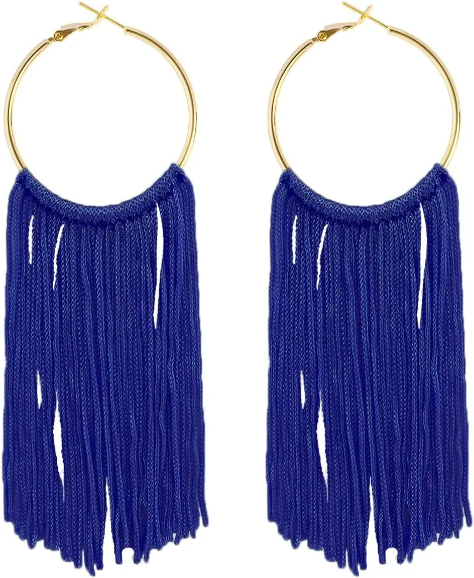Boho Long Tassel Dangle Earrings for Women Lightweight Circle Hoop Silky Thread Fringe Drop Statemen Earrings