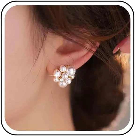 Boho Multi Pearl Stud Earrings Gold Cluster Crystal Pearl Earrings Cz Pearl Cluster Earrings White Bead Earrings Bridal Pearl Earrings Jewelry for Women