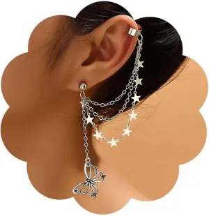 Boho Star Chain Ear Cuff Earrings Silver Chain Cuff Wrap Earrings Hollow Butterfly Dangle Earrings Butterfly Wing Earrings Tassel Chain Crawler Cuff Earrings Luck Star Cartilage Cuff Earrings