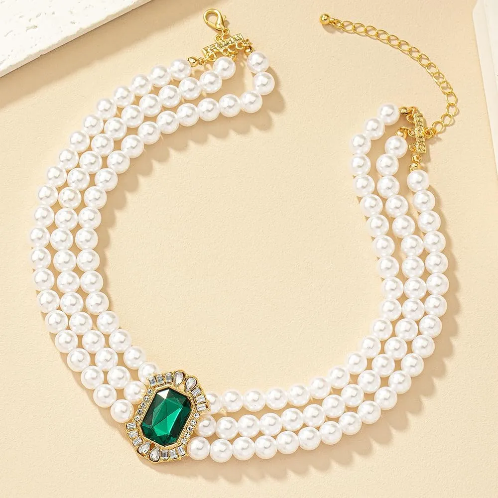 Boho Women Multilayer 1920s Necklace Green Rhinestones Chunky Dainty Pearls Layered Choker Necklaces Handmade Beads Fashion Chunky Pendant Multilayer Adjustable Layering Green Chain Necklaces for Women
