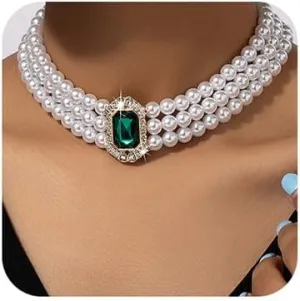Boho Women Multilayer 1920s Necklace Green Rhinestones Chunky Dainty Pearls Layered Choker Necklaces Handmade Beads Fashion Chunky Pendant Multilayer Adjustable Layering Green Chain Necklaces for Women