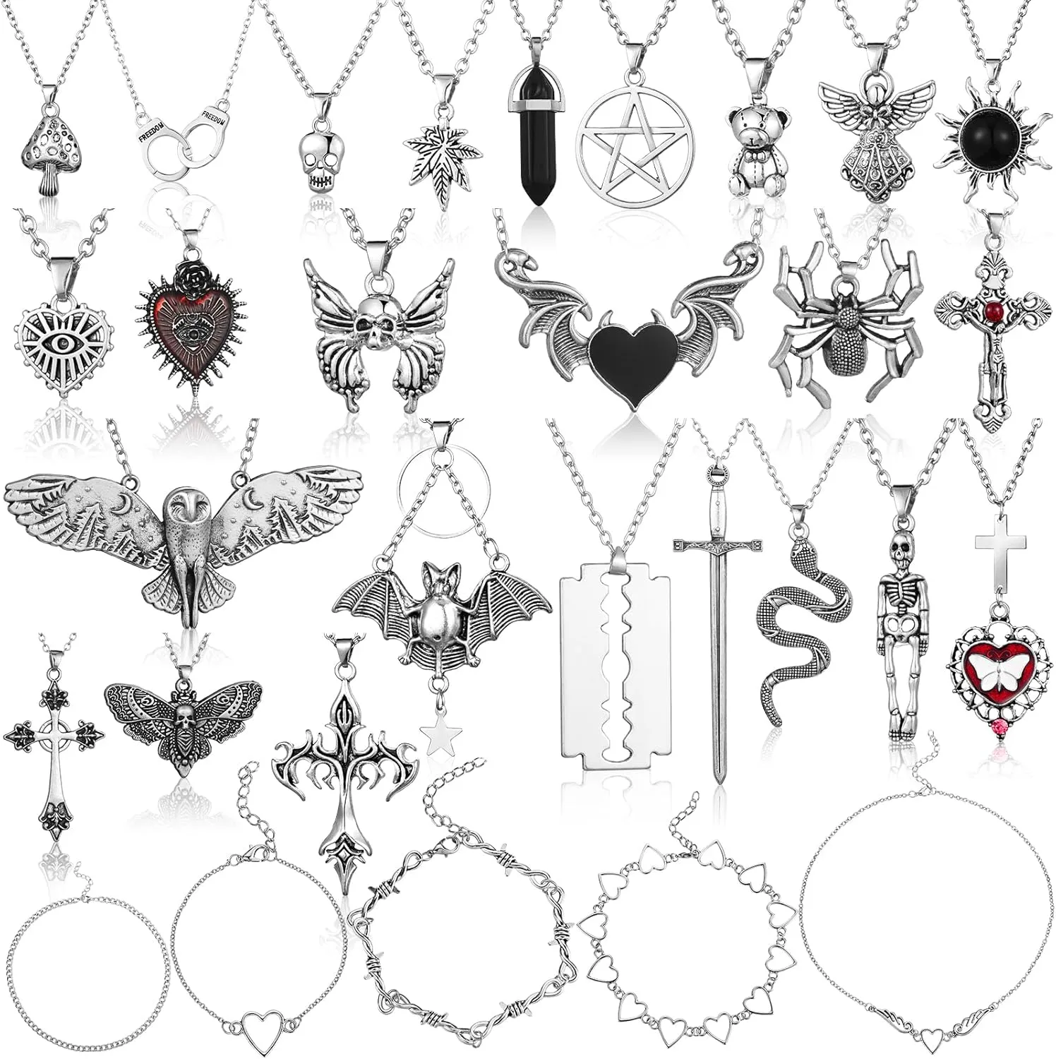 Bonuci 30 Pieces Grunge Necklace Set Goth Cross Necklace Y2K Necklet Punk Rock Vintage Harajuku Gothic Feather Chain Choker Necklet Jewelry Costume Accessories(Stylish Style)