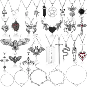 Bonuci 30 Pieces Grunge Necklace Set Goth Cross Necklace Y2K Necklet Punk Rock Vintage Harajuku Gothic Feather Chain Choker Necklet Jewelry Costume Accessories(Stylish Style)