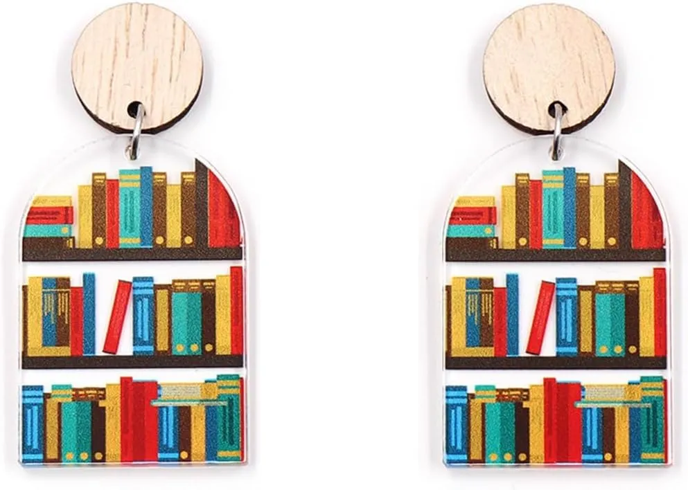 Book Earrings for Women, Acrylic Bookcase Dangle Earrings with Book, Stack of Books Shelves Drop Dangle Earrings, Funny Earrings for Book Lovers, Back To School Gifts for Teacher Appreciation Gifts
