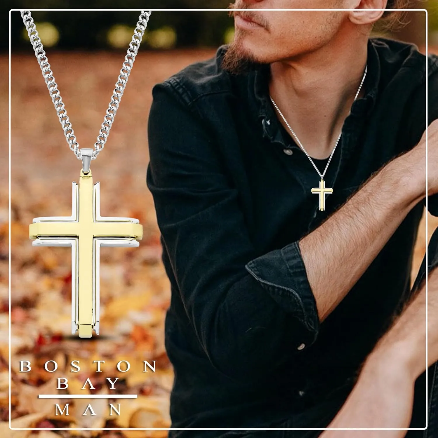 Boston Bay Diamonds Men's Cross Pendant Necklace in 316L Stainless Steel on 24" Curb Chain, Choice of Style
