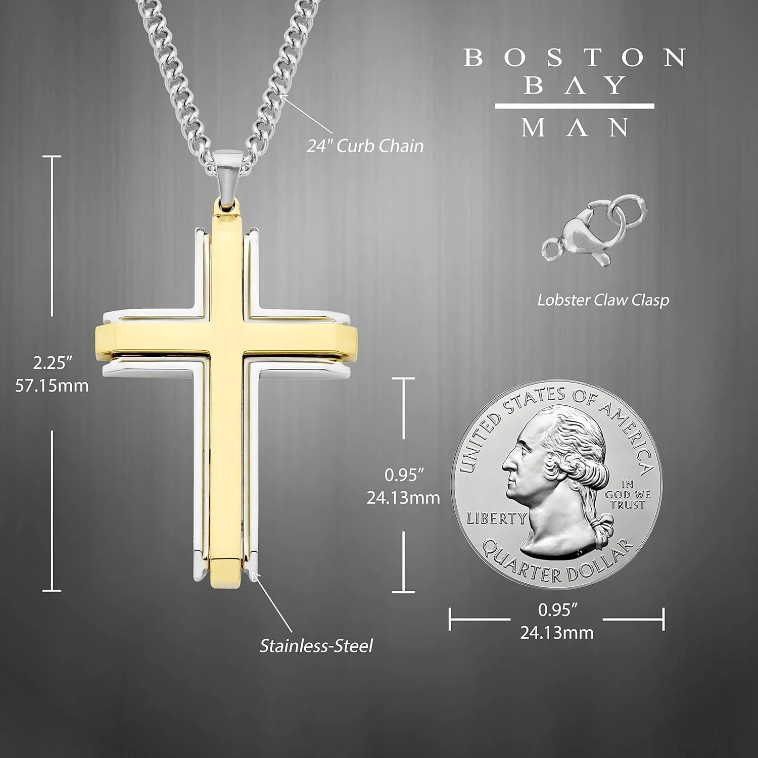 Boston Bay Diamonds Men's Cross Pendant Necklace in 316L Stainless Steel on 24" Curb Chain, Choice of Style
