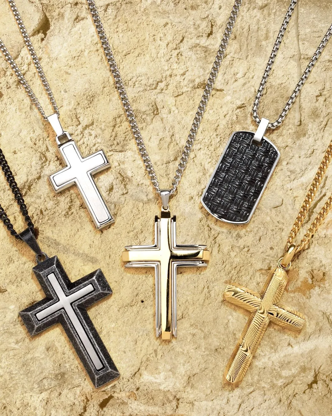 Boston Bay Diamonds Men's Cross Pendant Necklace in 316L Stainless Steel on 24" Curb Chain, Choice of Style