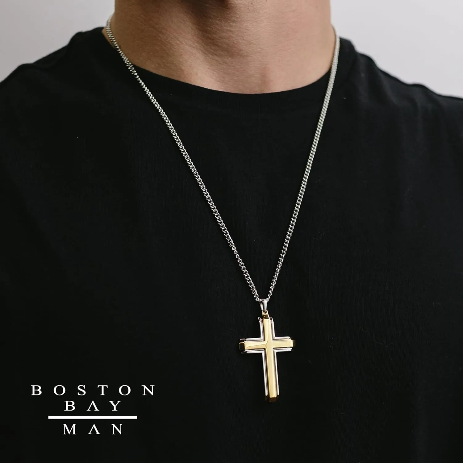 Boston Bay Diamonds Men's Cross Pendant Necklace in 316L Stainless Steel on 24" Curb Chain, Choice of Style