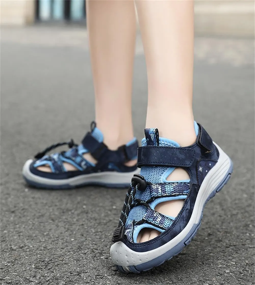 Boys Girls Big Kids Close Toe Drawstring Outdoor Summer Sandals Hook & Loop Light-Weight Soft Sole Beach Sandals
