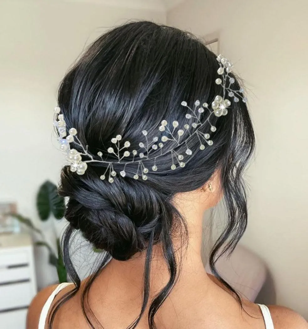 Bridal Pearl Hair Piece Wedding Hair Accessory Silver Rhinestone Vine Bride Hair Accessories for Women and bridesmaids