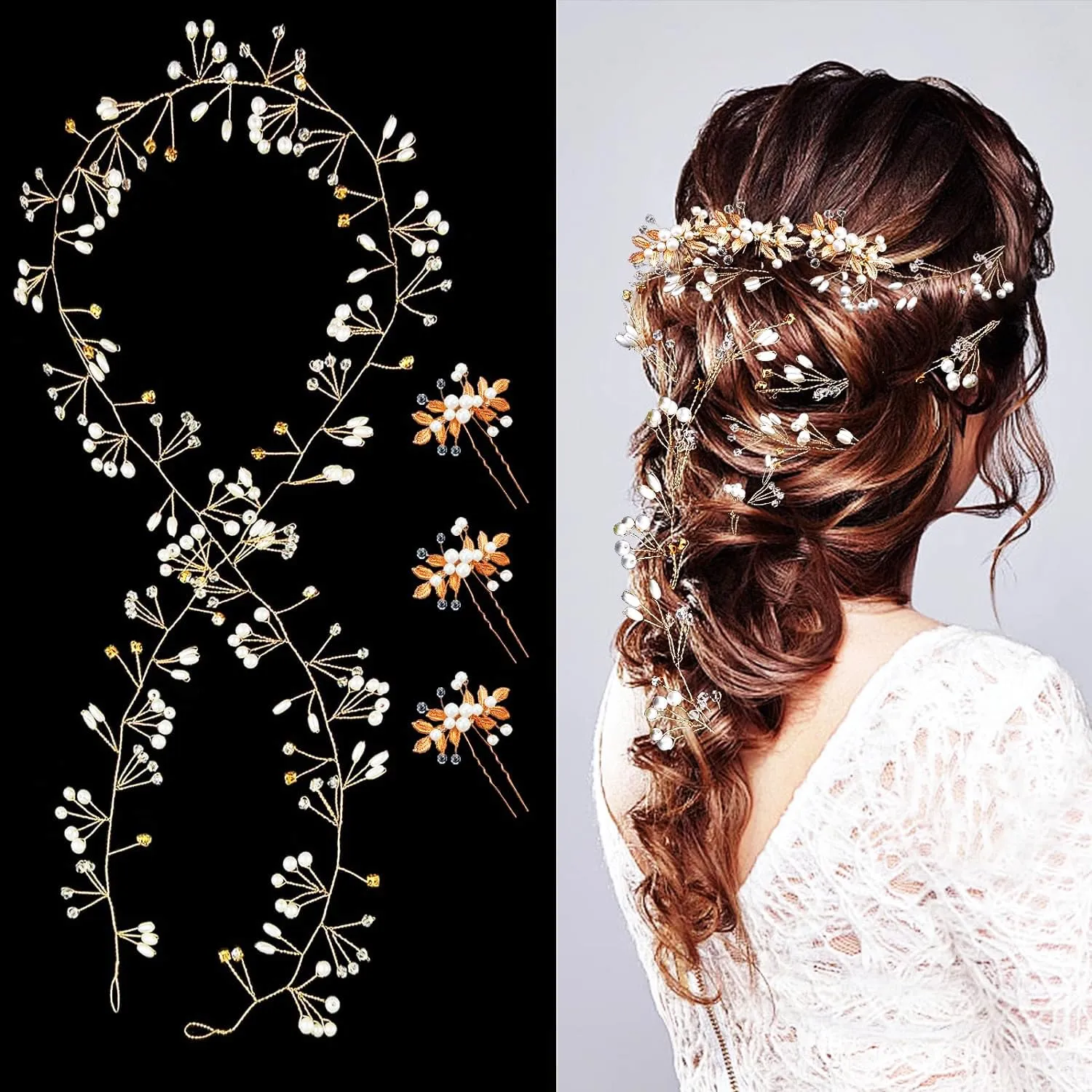 Bride Wedding Crystal Hair Vine Accessories Extra Long Pearl and Beads Bridal Headband Head Pieces for Women Girls (Gold)