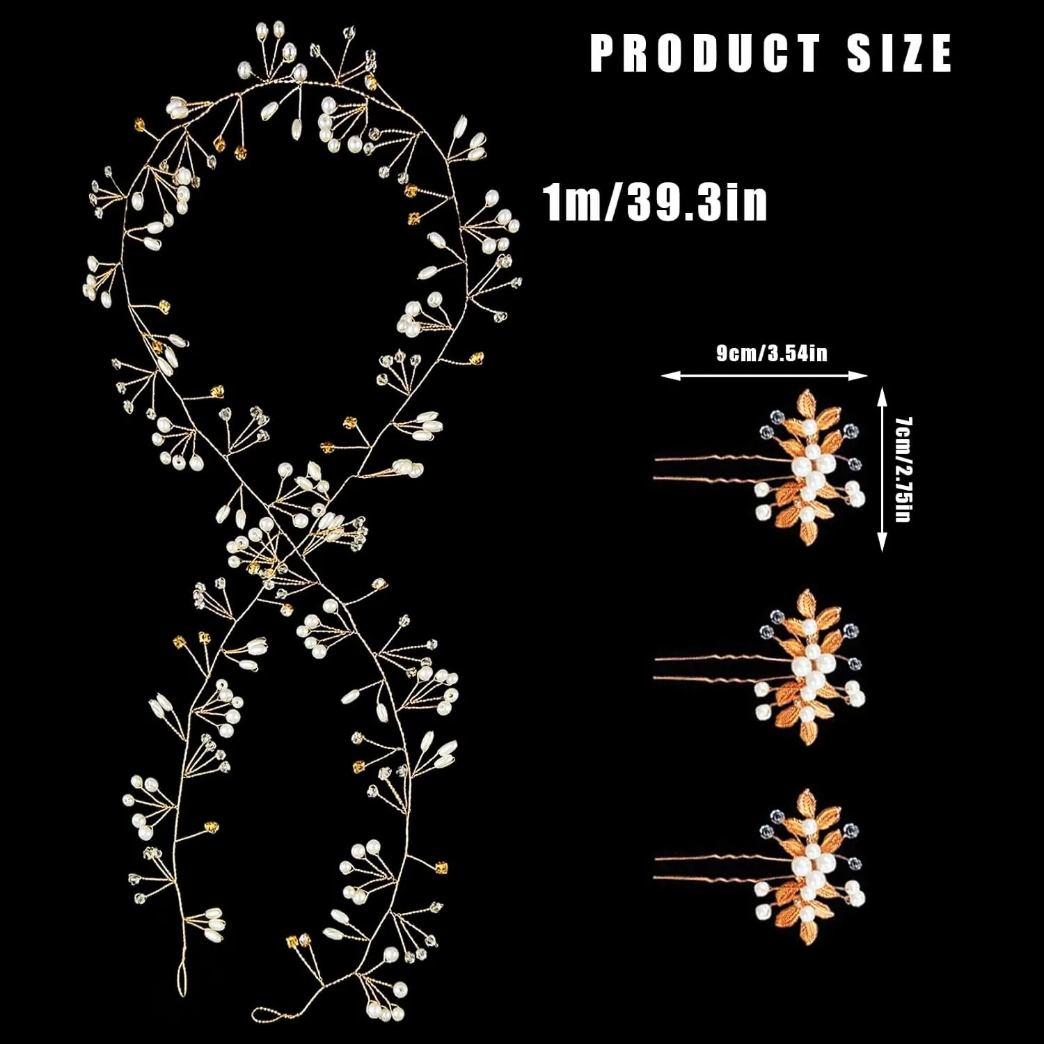 Bride Wedding Crystal Hair Vine Accessories Extra Long Pearl and Beads Bridal Headband Head Pieces for Women Girls (Gold)