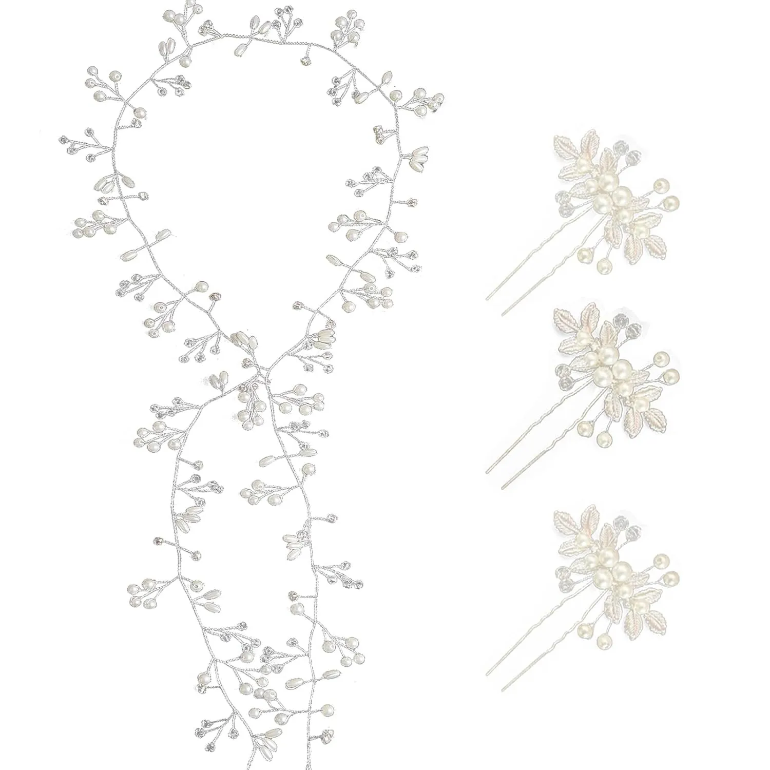 Bride Wedding Crystal Hair Vine Accessories Extra Long Pearl and Beads Bridal Headband Head Pieces for Women Girls (Silver)