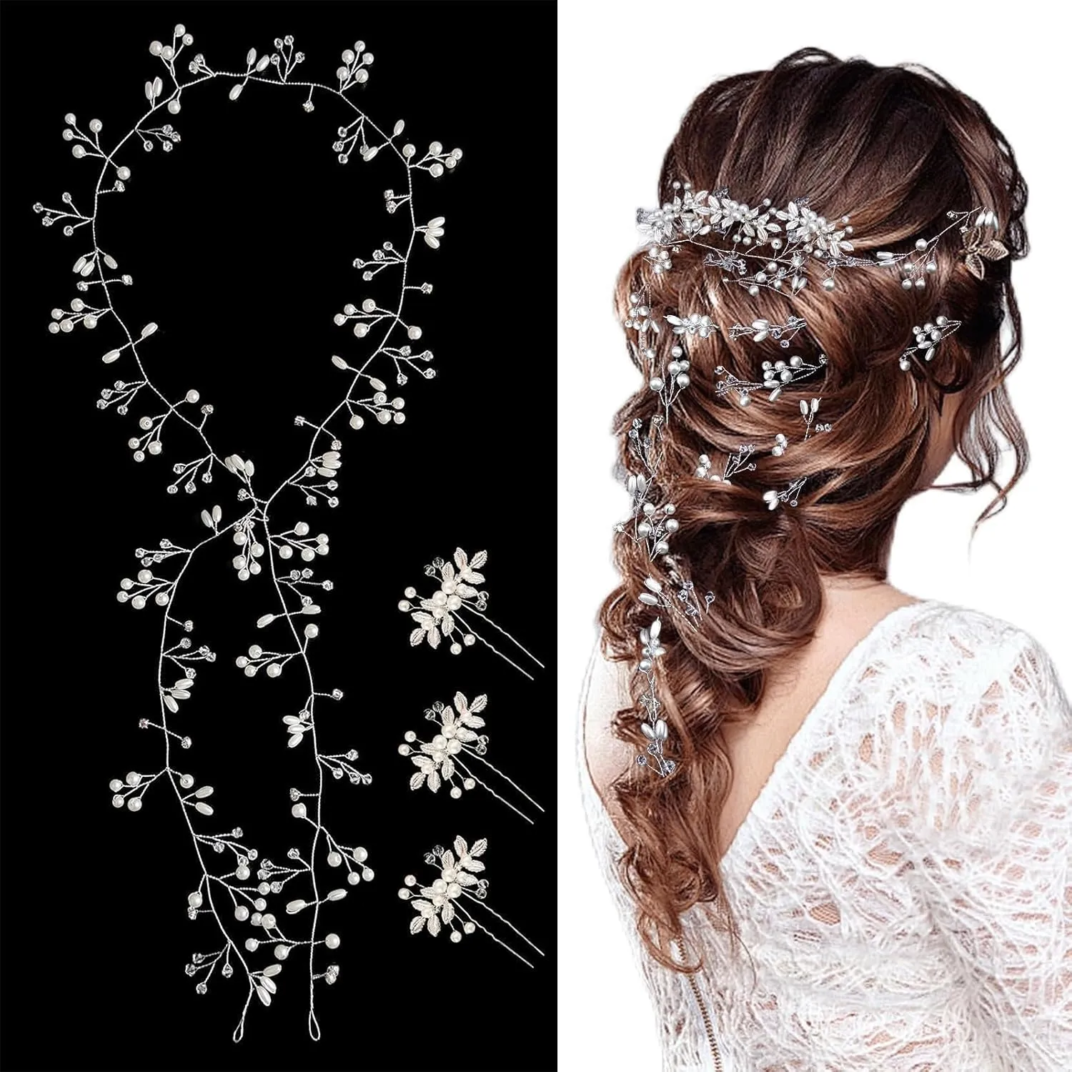 Bride Wedding Crystal Hair Vine Accessories Extra Long Pearl and Beads Bridal Headband Head Pieces for Women Girls (Silver)