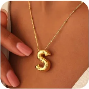 Bubble Letter Necklace,Dainty Layered Necklaces 14K Gold Plated Bubble Initial Necklace Custom Name Necklace Pearonalized Balloon Initial Necklaces for Women Trendy Gold Jewelry Gifts