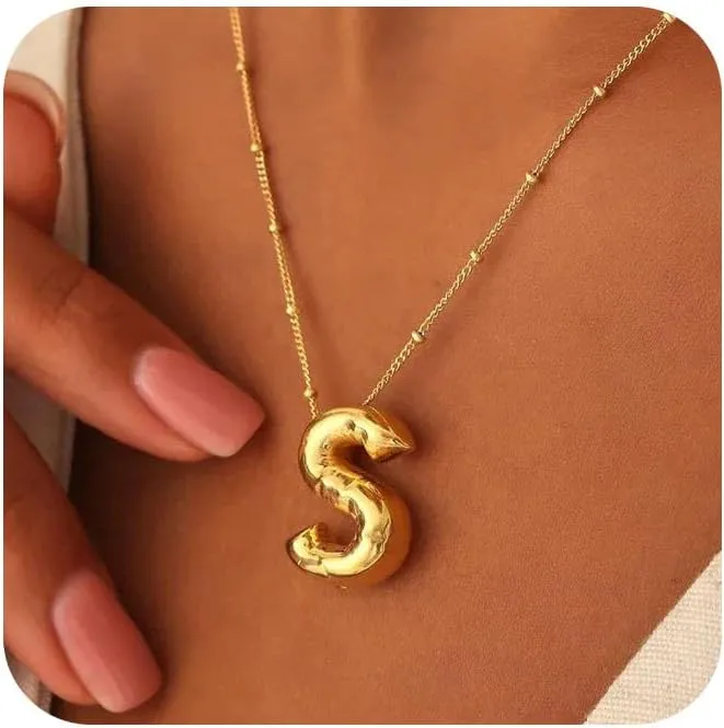 Bubble Letter Necklace,Dainty Layered Necklaces 14K Gold Plated Bubble Initial Necklace Custom Name Necklace Pearonalized Balloon Initial Necklaces for Women Trendy Gold Jewelry Gifts