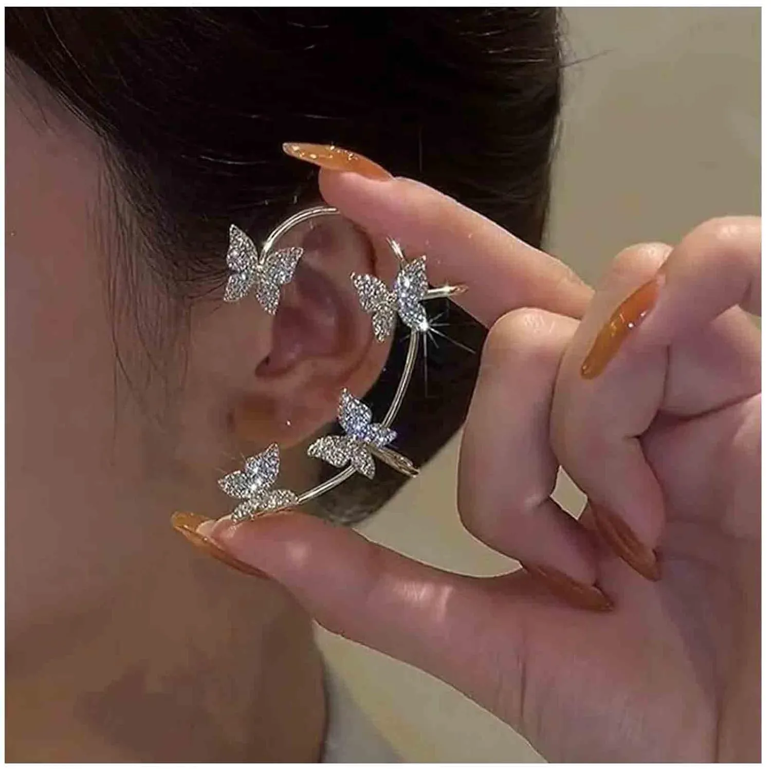 Butterfly Ear Cuff Earrings Gold Rhinestone Butterfly Wrap Crawler Earrings Cz Full Ear Earrings No Piercing Earrings Jewelry for Women Animal Earrings (Gold)