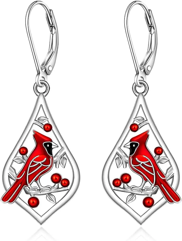 Cardinal Earrings Dangle for Women - Sterling Silver Red Bird Memorial Jewelry - Sympathy Gifts
