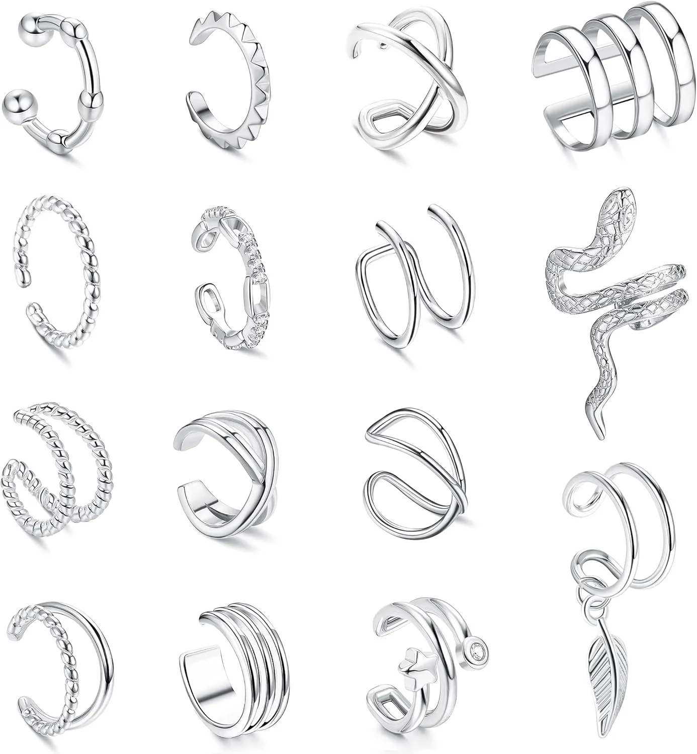 CASSIECA Women's Adjustable Non-Piercing Ear Cuffs Earrings Clip On Cartilage Helix Wrap Ear Jewelry Set