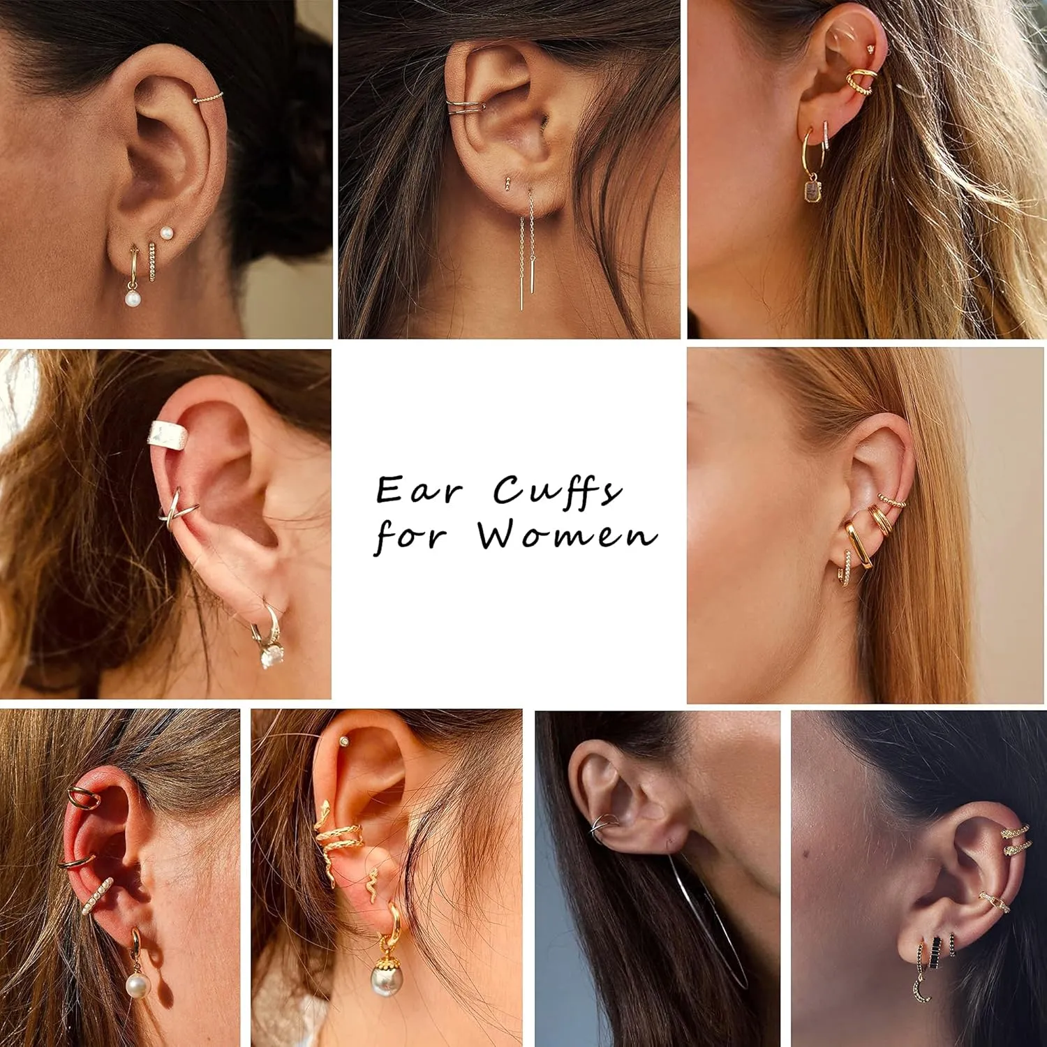 CASSIECA Women's Adjustable Non-Piercing Ear Cuffs Earrings Clip On Cartilage Helix Wrap Ear Jewelry Set