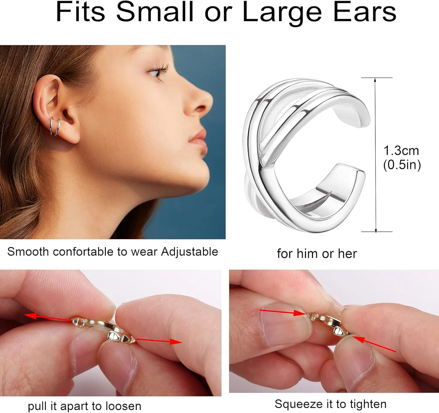 CASSIECA Women's Adjustable Non-Piercing Ear Cuffs Earrings Clip On Cartilage Helix Wrap Ear Jewelry Set