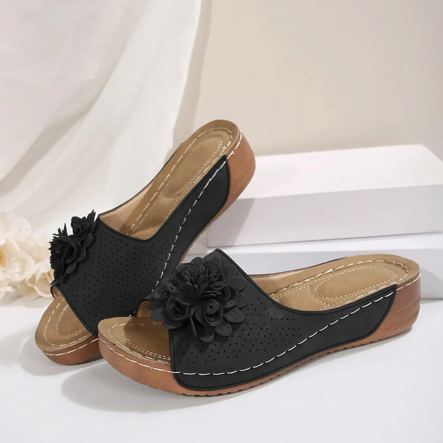 Chic Flowers Orthopedic Sandals for Women Arch Support Fish Mouth Open Toe Leather Slippers Wedge Platform Sandal Dressy Summer Comfortable Slide Sandals