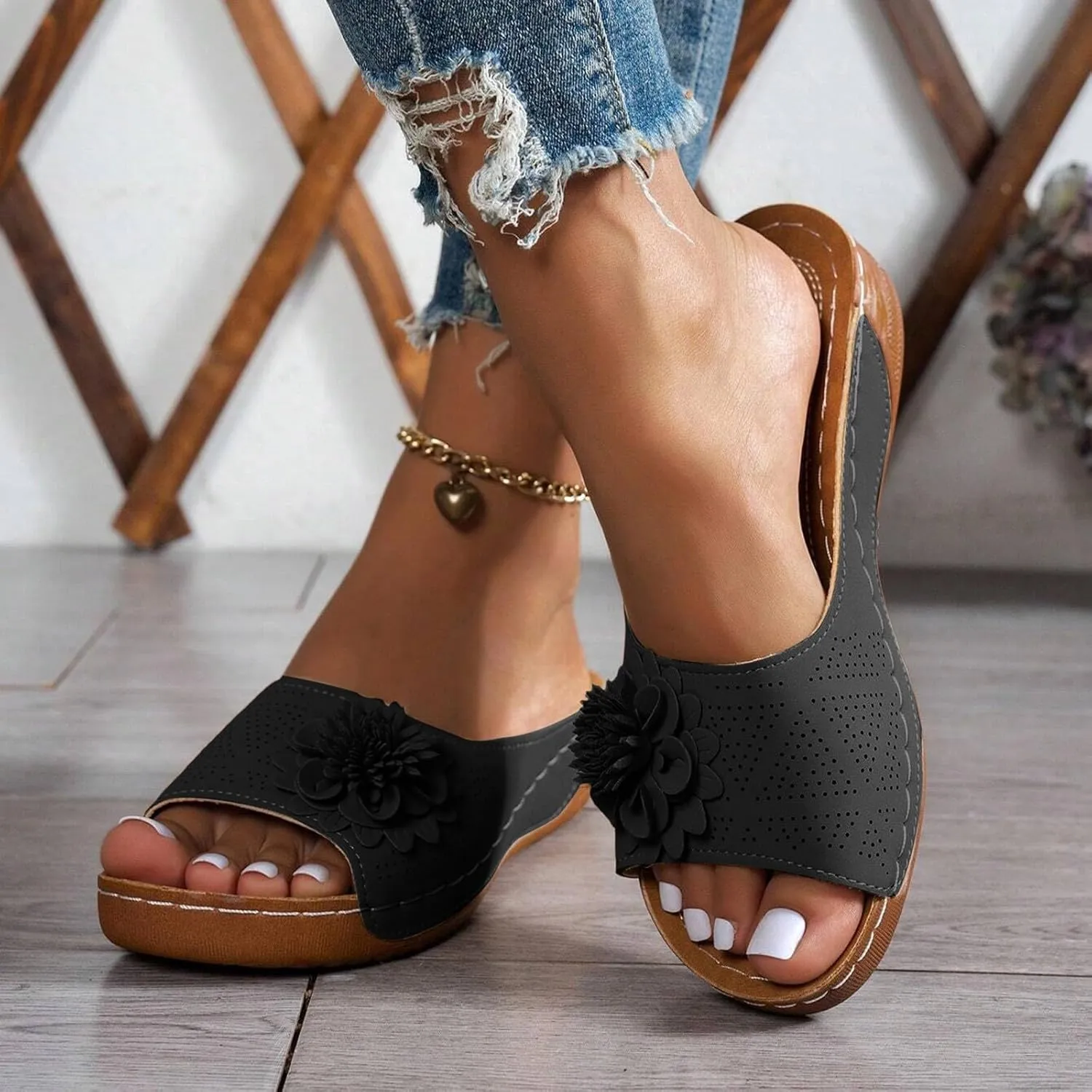 Chic Flowers Orthopedic Sandals for Women Arch Support Fish Mouth Open Toe Leather Slippers Wedge Platform Sandal Dressy Summer Comfortable Slide Sandals