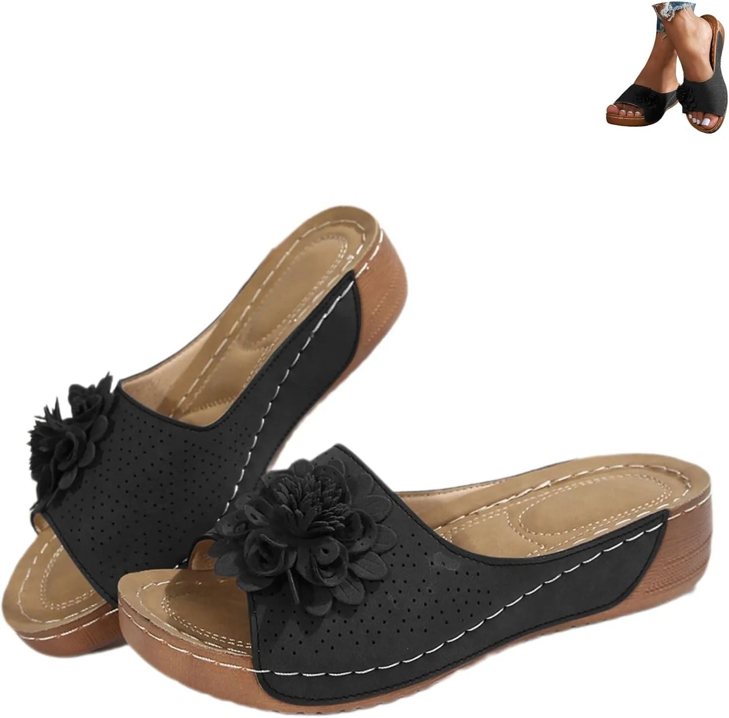 Chic Flowers Orthopedic Sandals for Women Arch Support Fish Mouth Open Toe Leather Slippers Wedge Platform Sandal Dressy Summer Comfortable Slide Sandals